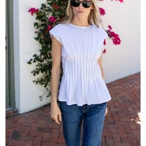 Women’s White Pleated Cap-Sleeve Blouse